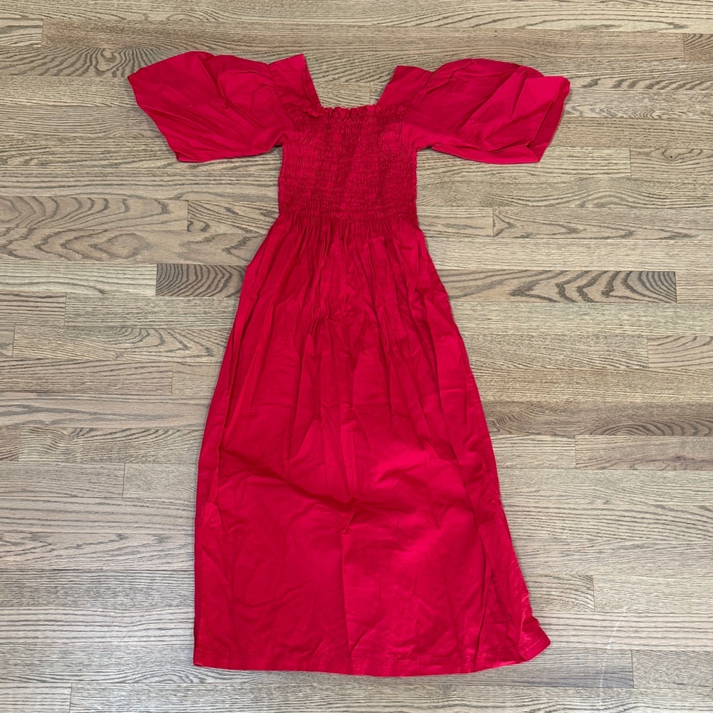 Lisa Says Gah Bright Red Puff Sleeve Midi Dress